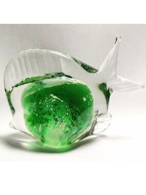 Vintage Art Glass Green and Clear Fish Paperweight Sculpture